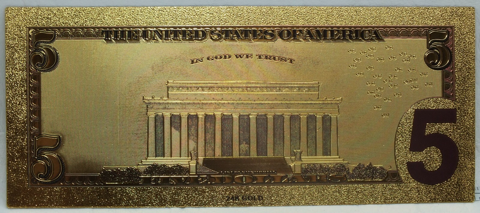 2009 $5 Federal Reserve Note Novelty 24K Gold Foil Plated Note Bill 6" - GFN19