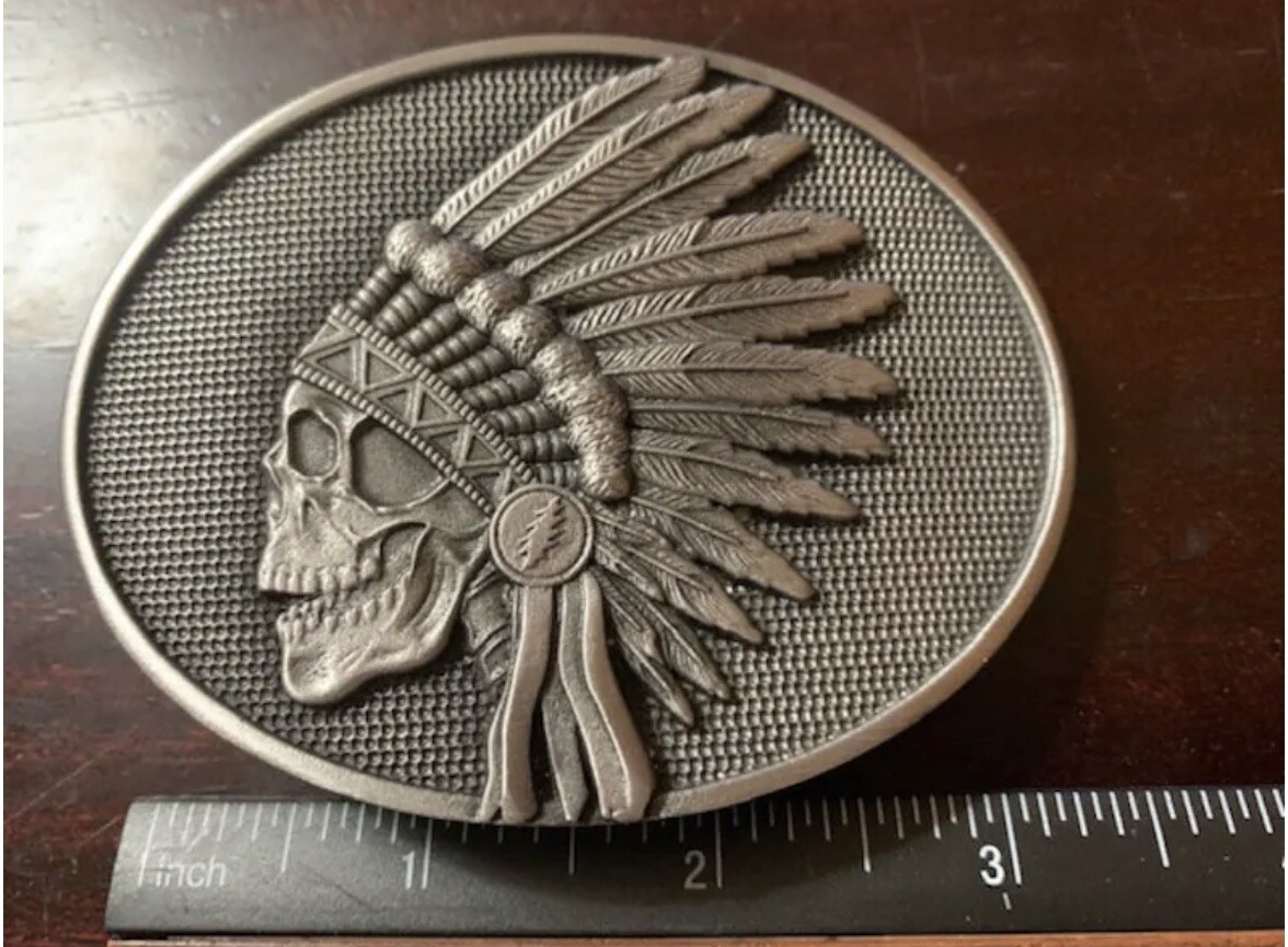 Indian Feathers Silver Skull Grateful Dead Lightning Bolt Belt Buckle