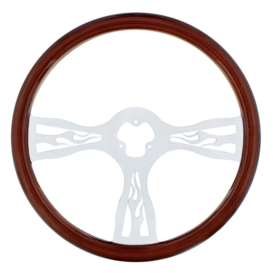 18” Real Wood Steering Wheel Rim "Flames" with 3 Chrome Spokes