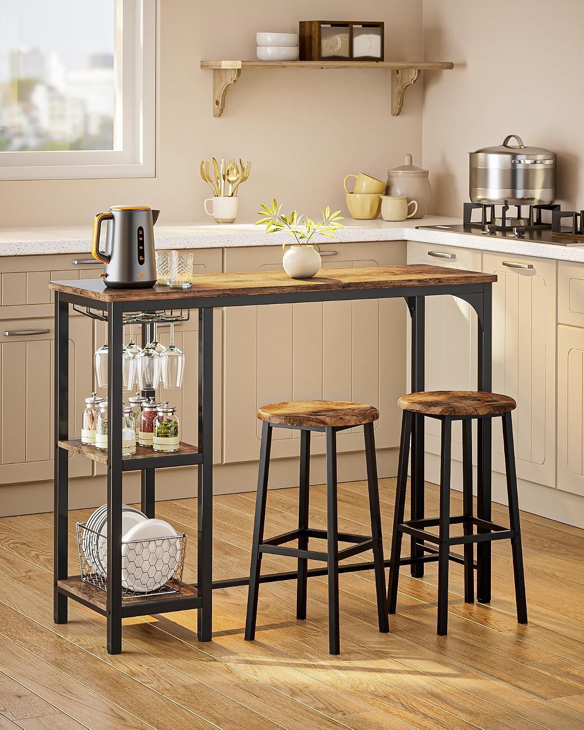 3-Piece Bar Table Set 2 Bar Height Table W/ Stools & 2 Storage Shelves Small Bar