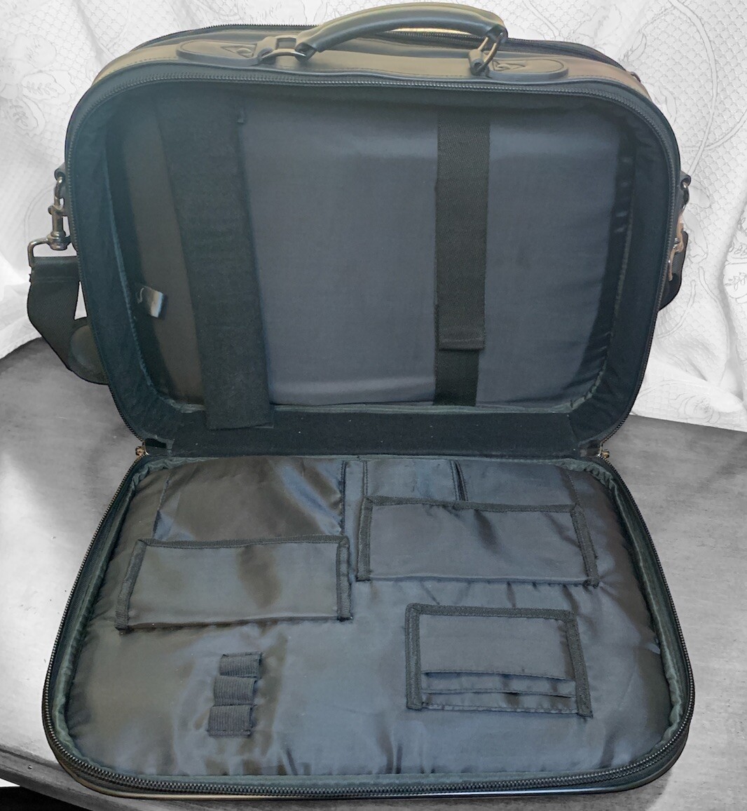 Black Leather Document Laptop Briefcase Multi Pocket W/Handle & Carrying Strap