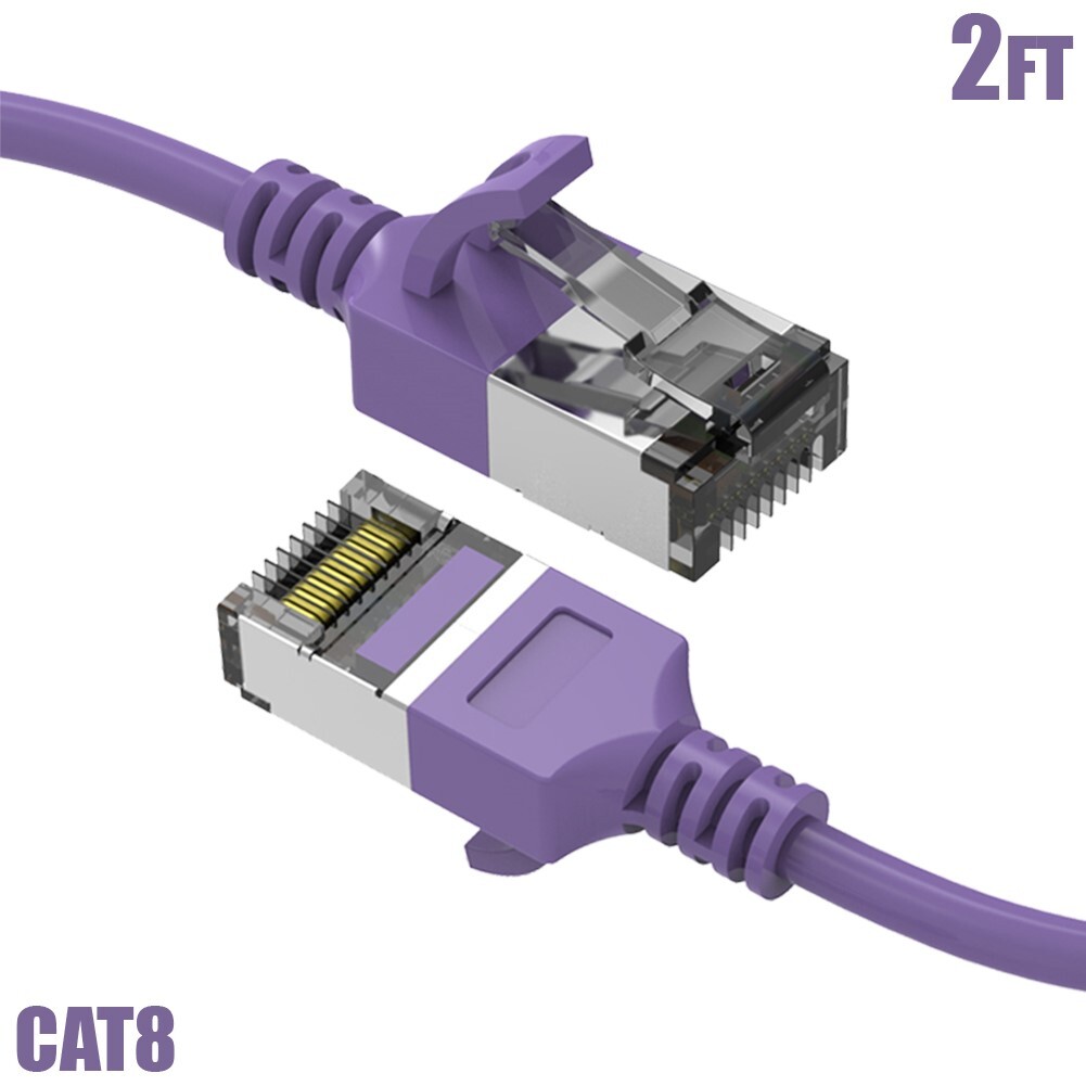 2FT Cat8 RJ45 Network LAN Ethernet U/FTP Shield Patch Cable Slim 30AWG Purple