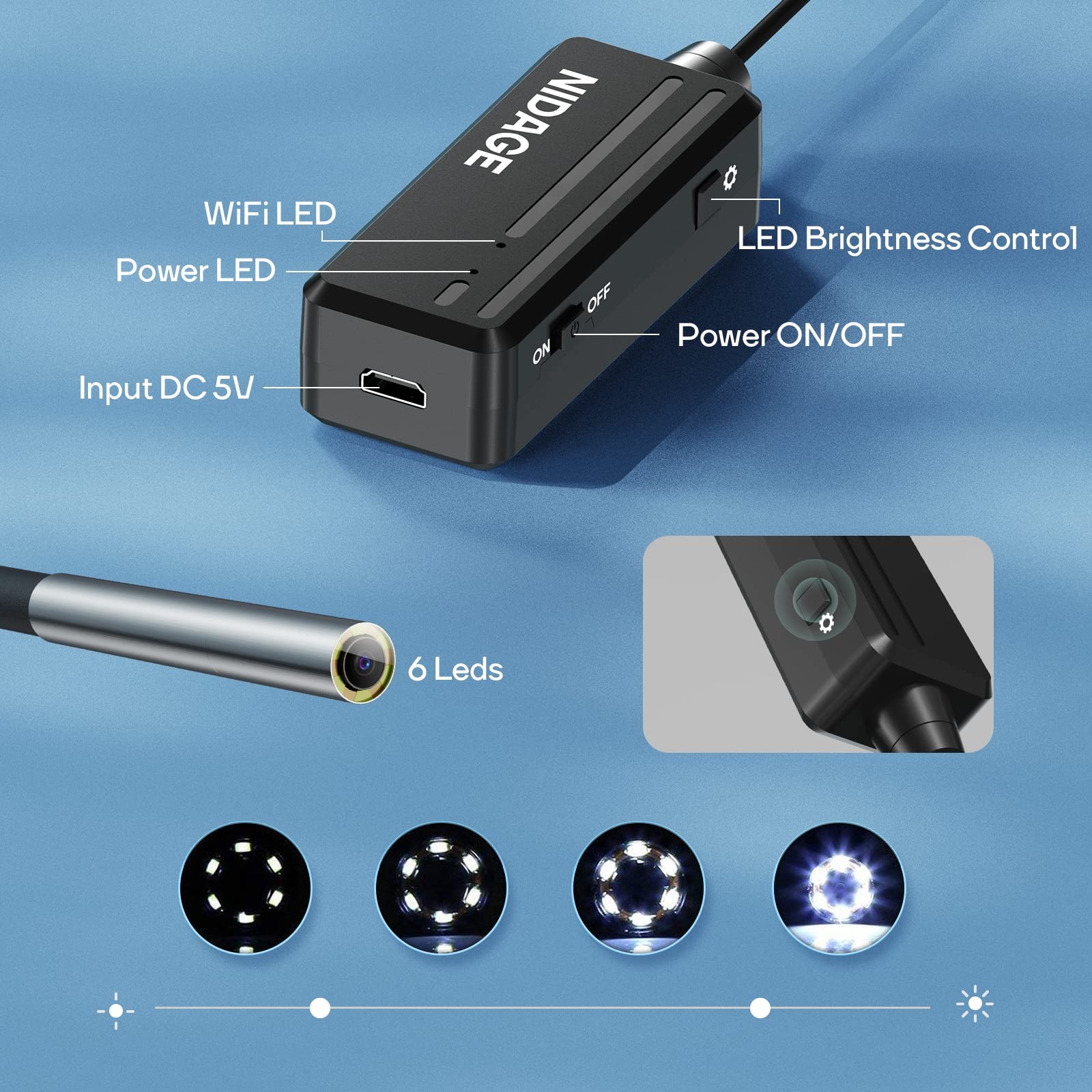 Inspection Camera NIDAGE Wireless Endoscope 2025 Top Tiny WiFi 5FT, black