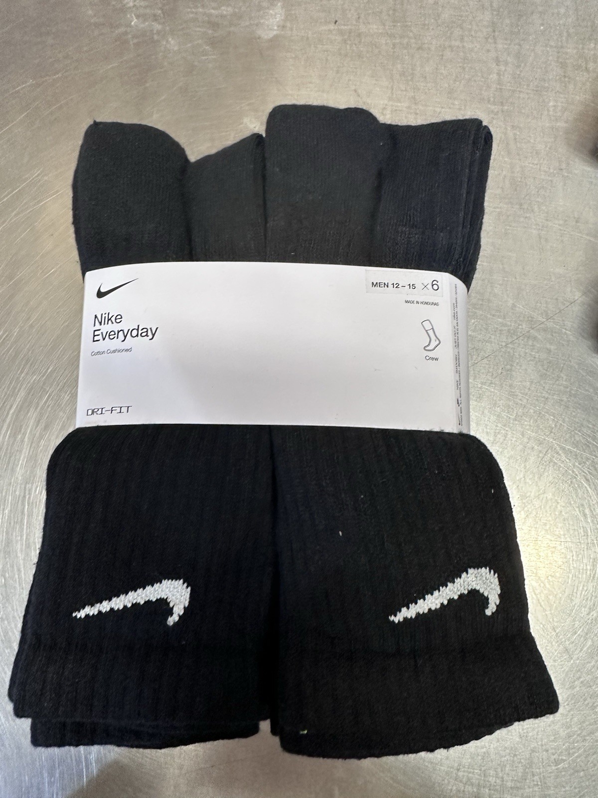 Nike Everyday Cotton Cushion Crew Dri-Fit Socks Black Men's 6 Pair Shoe Size 12