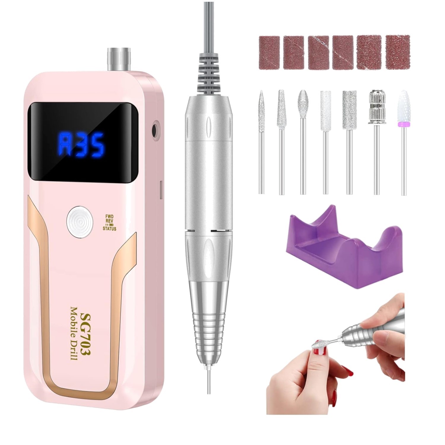 Professional 35000 RPM Electric Nail File - Cordless Pink Drill Kit for Home Use