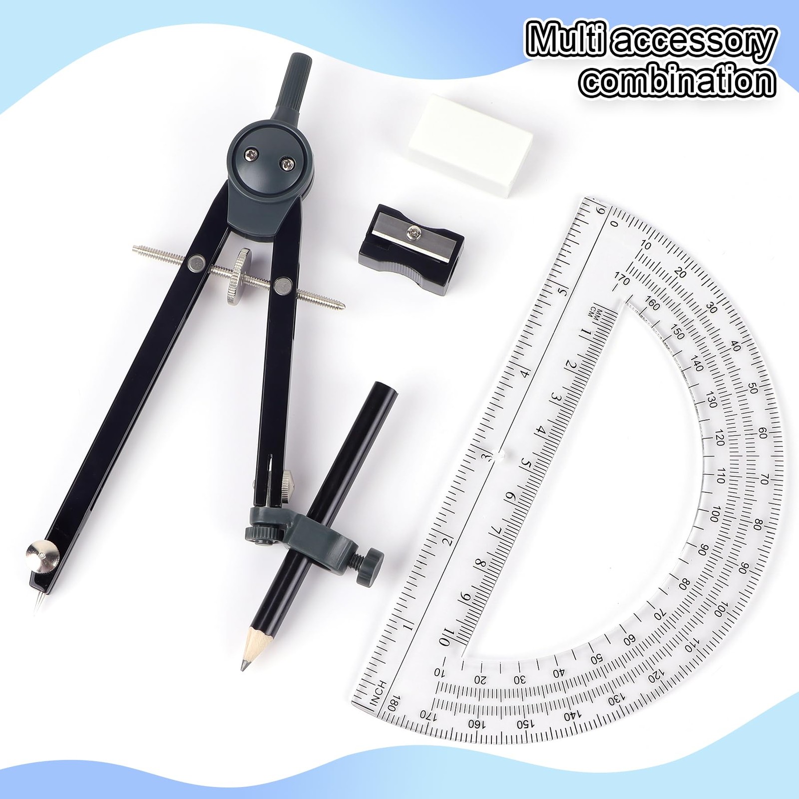 UNJOO Professional Compass for Geometry Set, Metal with Wheel Silver