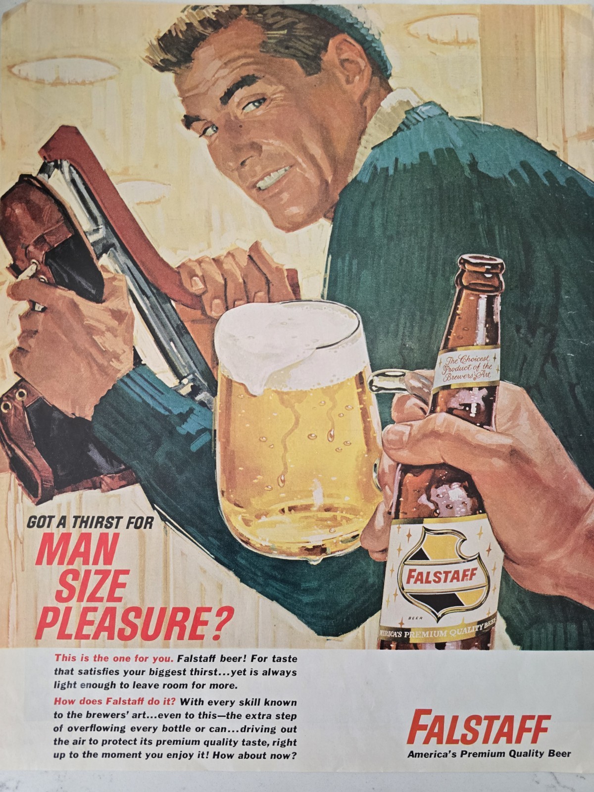 1964 Falstaff Quality beer bottle mug man size pleasure ice skates vintage ad