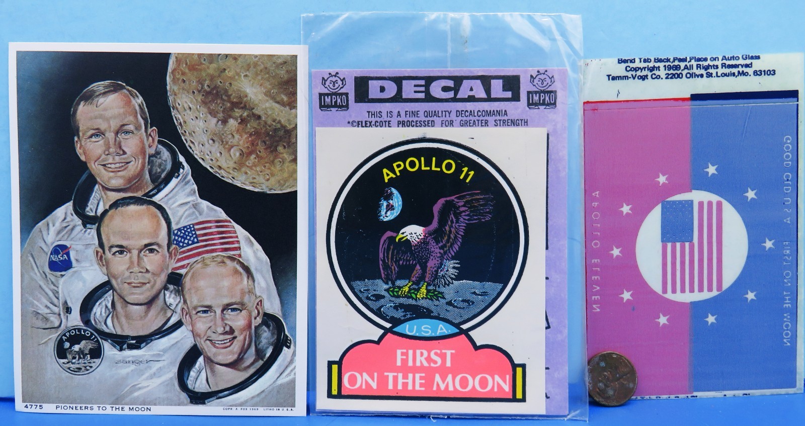 Decal Pair / Postcard '69 vtg APOLLO 11 Armstrong Collins Aldrin NASA car window