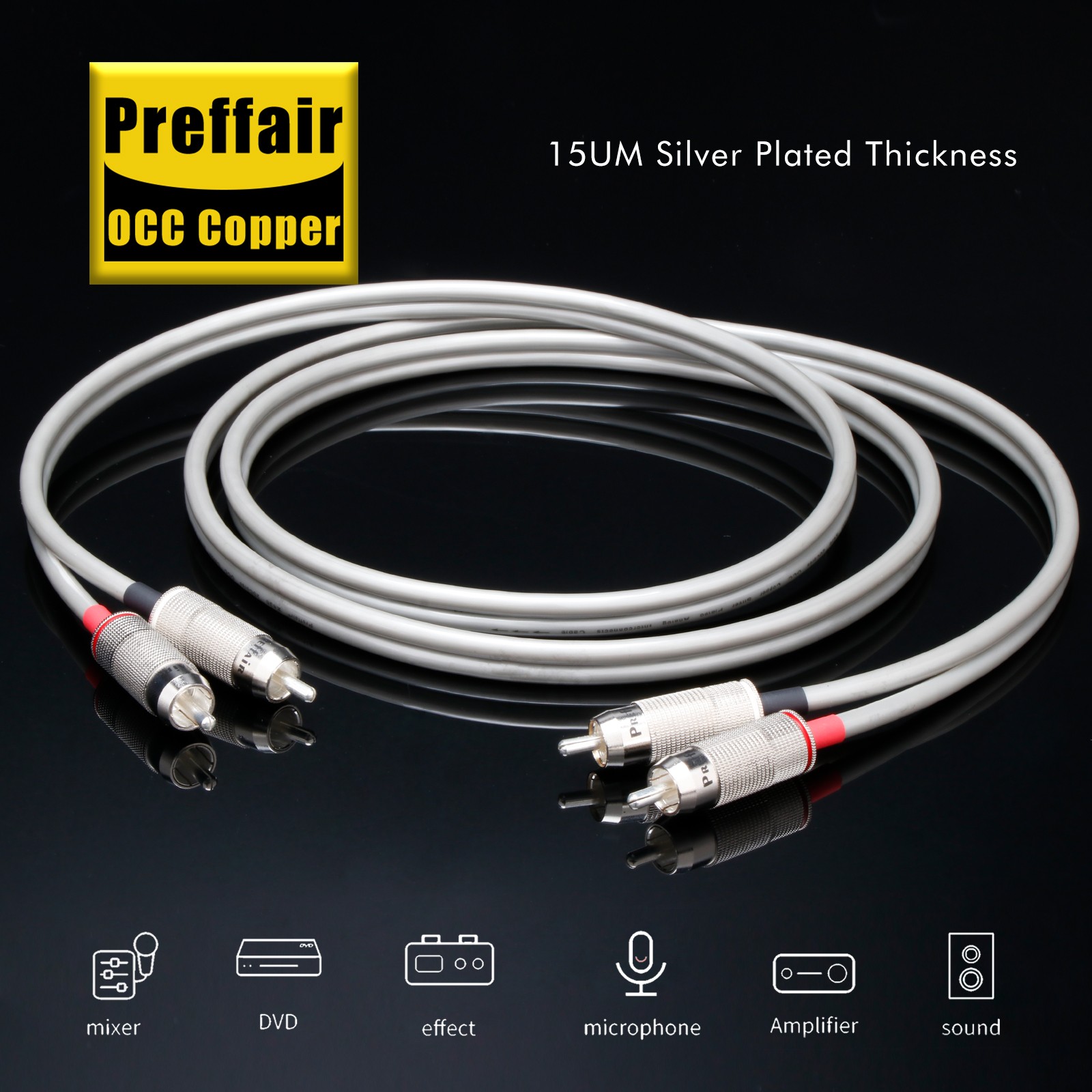 Preffair One Pair HiFi Stereo Cable OCC Copper 15UM Silver Plated