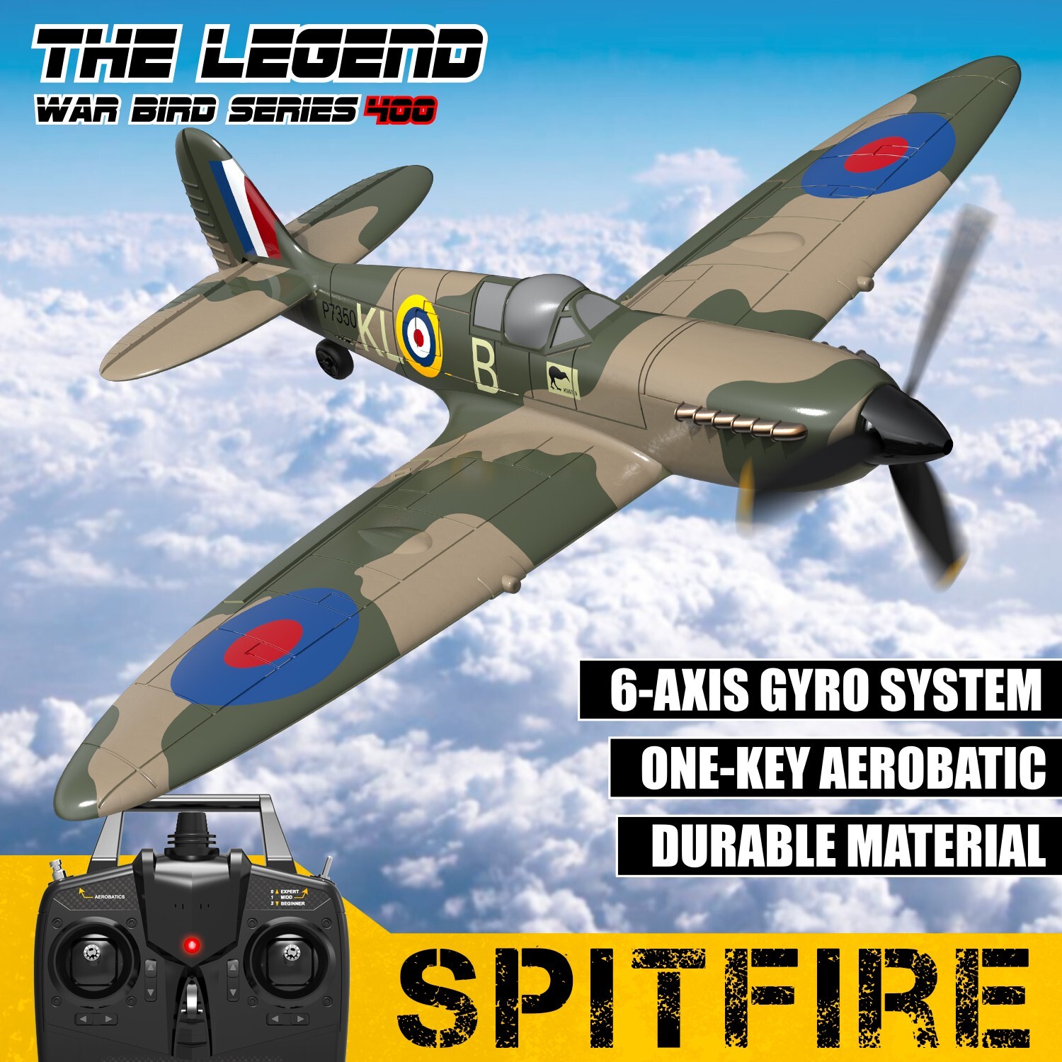 Spitfire WarBird 2.4G 4CH RC Airplane 6-Axis Gyro EPP Foam RTF Glider w/2Battery