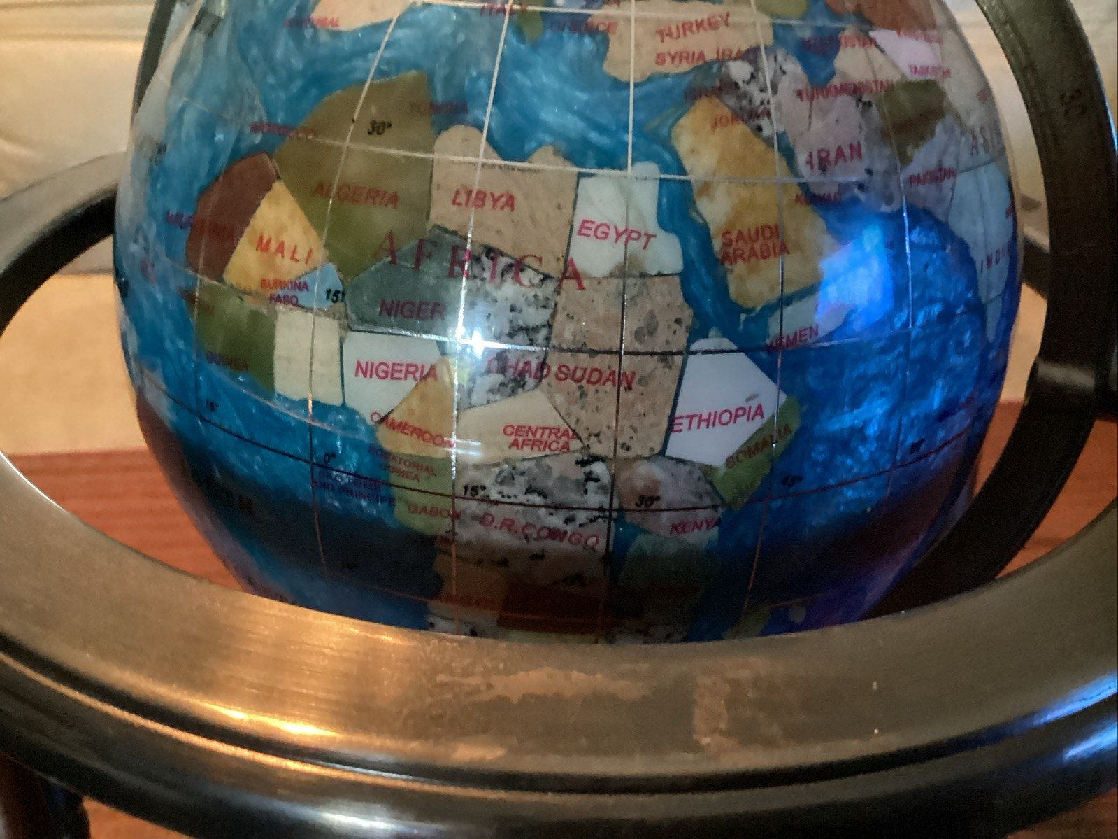 Mini Semiprecious Gemstone 6” Globe With Stand & Compass.
