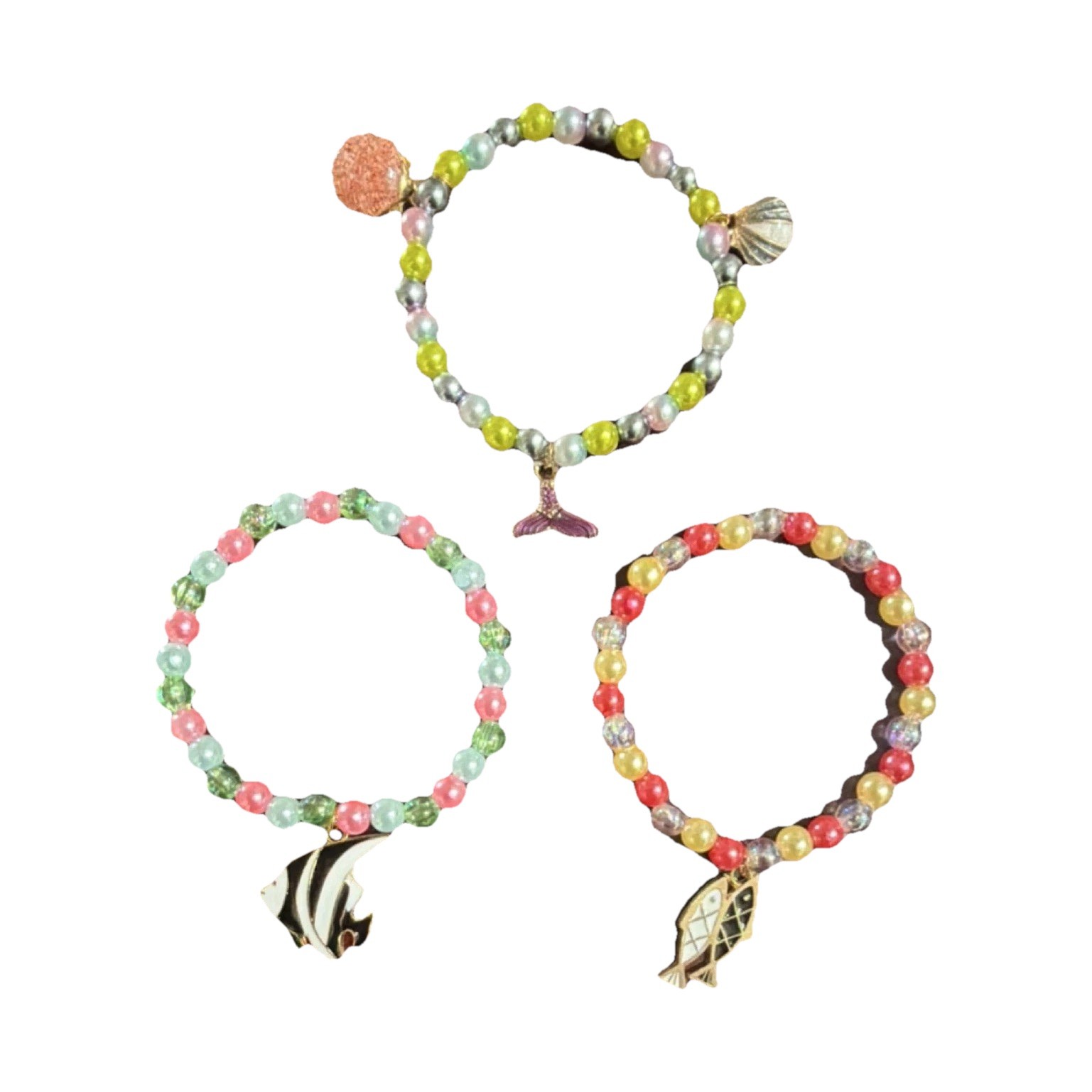 Multicolor Adjustable Beaded Charm Bracelets Set of 3 ocean themed
