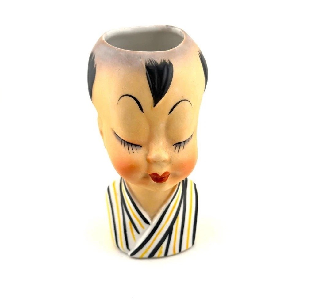 Vintage Lady Head Asian Planter Face Ucagcochina Japan Hand Painted Bust Zen Chi