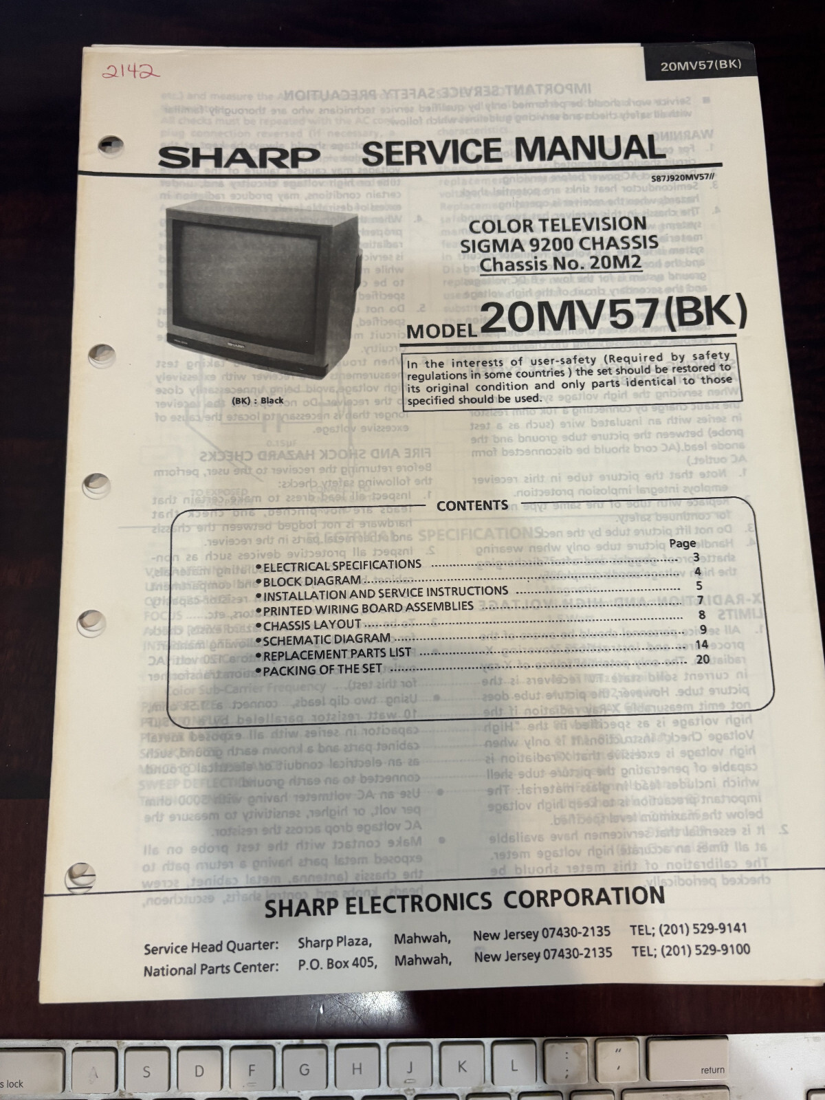 ORIG. SHARP 20MV57 20MV57(BK) 20MV57 BK TV Repair & Service Manual *ORIGINAL*