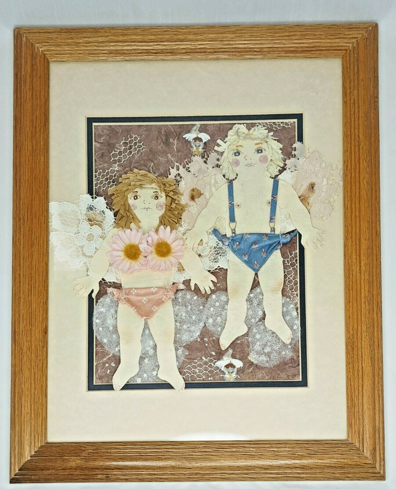 Vintage Tara Martin framed mated handmade cutout paper fabric angels signed