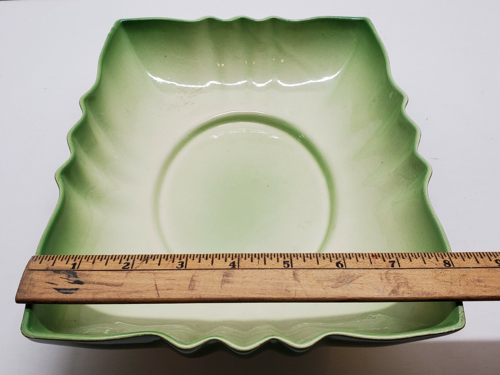 Vtg Retro Cucumber Green Scalloped Ceramic Flower Bulb Planter Dish Rectangular
