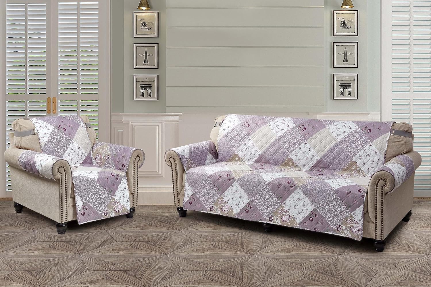 Lilac and Beige Rose Patchwork Quilted Large Recliner Slipcover, 28" Seat Wid...