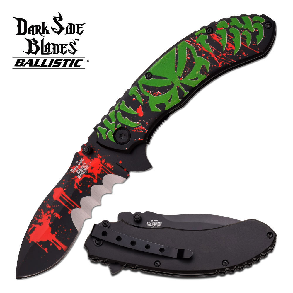 DARK SIDE BLADES DS-A013BGR SPRING ASSISTED KNIFE W/GREEN SKULL REAPER NIB
