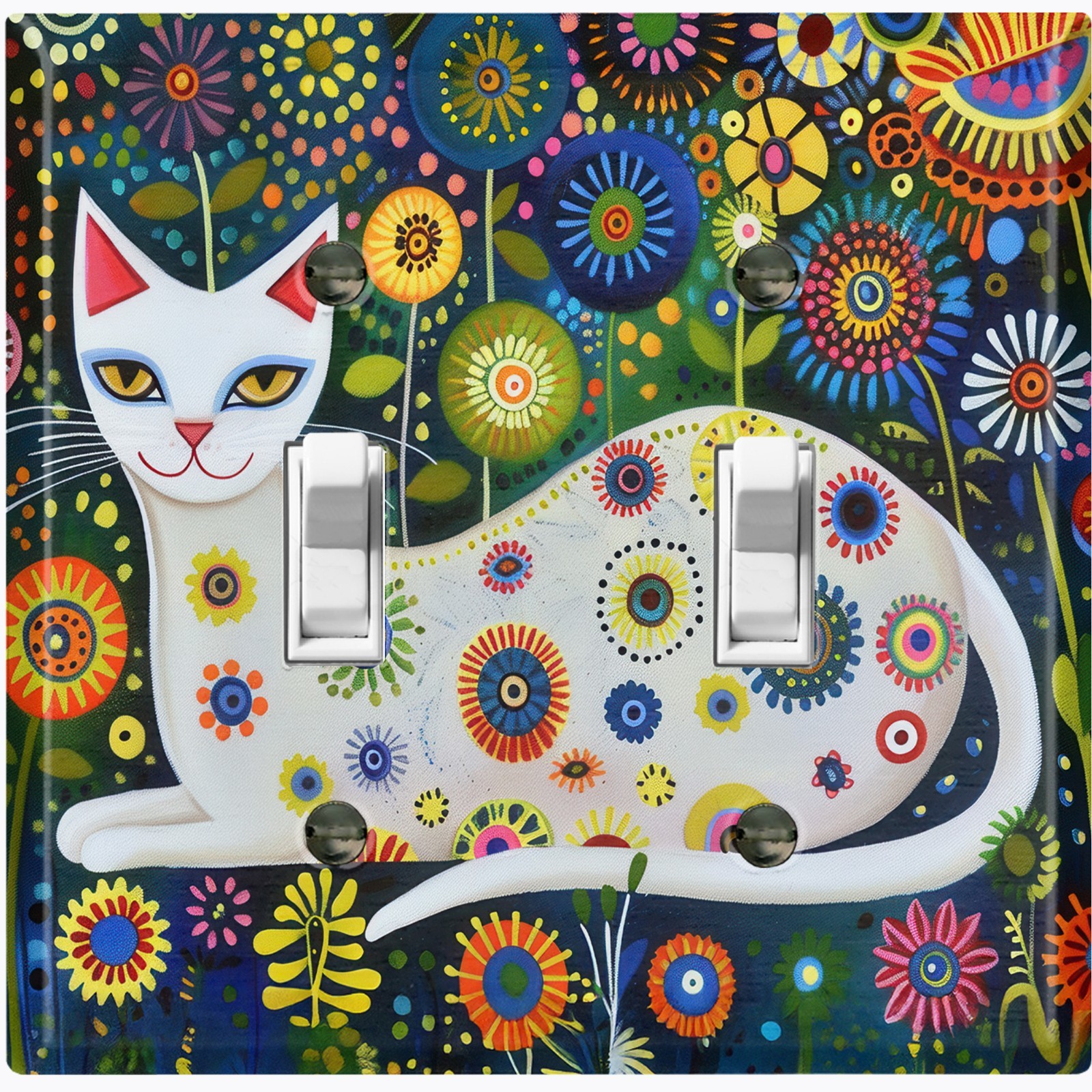 Metal Light Switch Outlet Cover Wall Plate White Cat Colorful Floral AML167