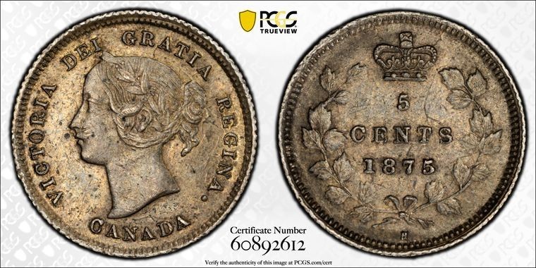 1875-H Canada 5 Cents PCGS AU58 Lot#G2354 Silver! Key Date! Large Date