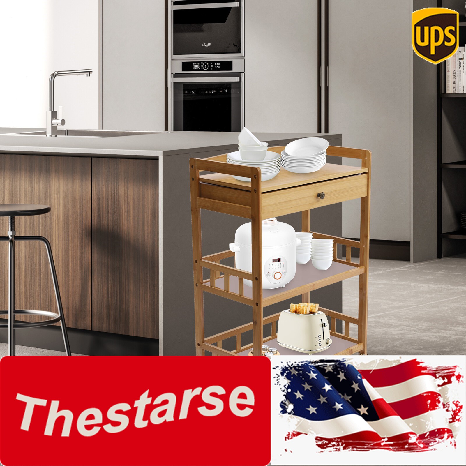 3 Layers Entertainment Kitchen Cart Countryside Handrail Fence Cart with Drawer