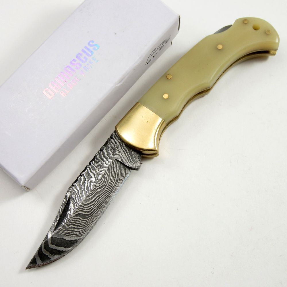 FOLDING POCKET KNIFE | Damascus Steel Blade Filework Spine Bone Handle Lockback