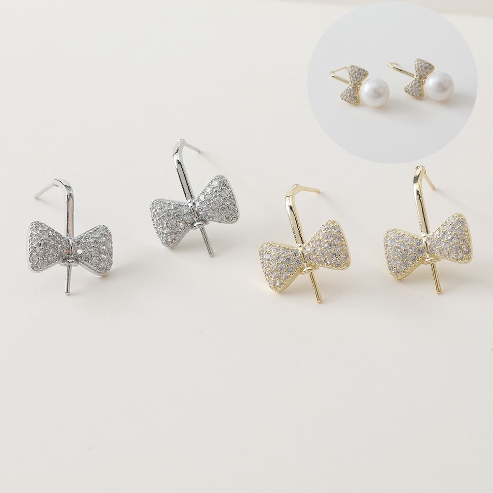 4pcs Bow Stud Earrings,Cubic Zirconia Bow Tie Earring With Pearl Mounting Peg