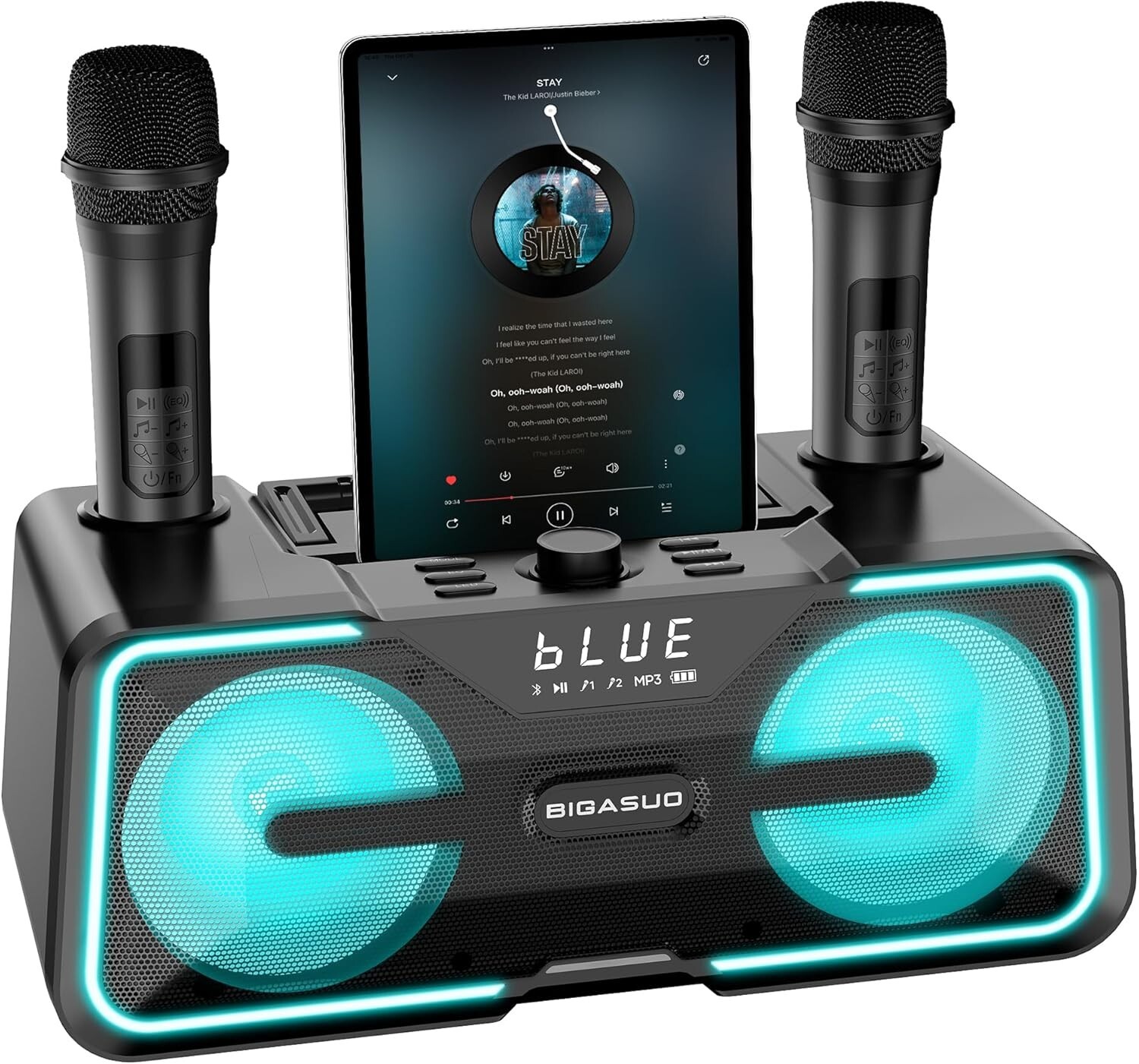 BIGASUO Karaoke Machine Portable w/2 Wireless Microphone BT Remote LEDs USB-C