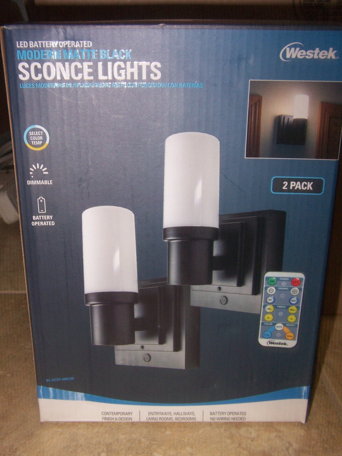 NEW Westek Battery Operated 2 Pack Wall Sconce LED Lights w/ Remote Matte Black