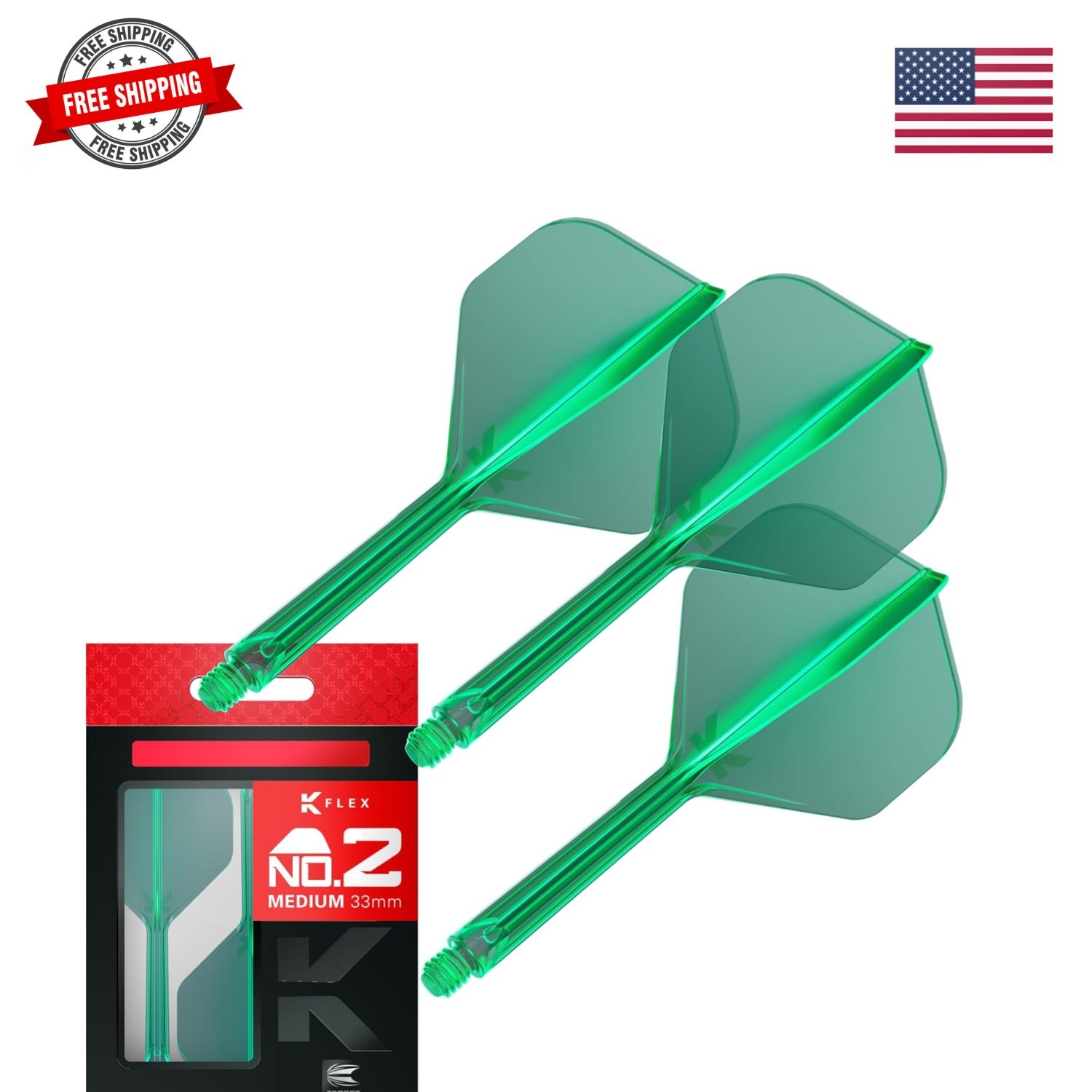 K Flex Integrated Dart Flights and Shafts, No.2 Green Medium | Pack of 3 K-Fl...