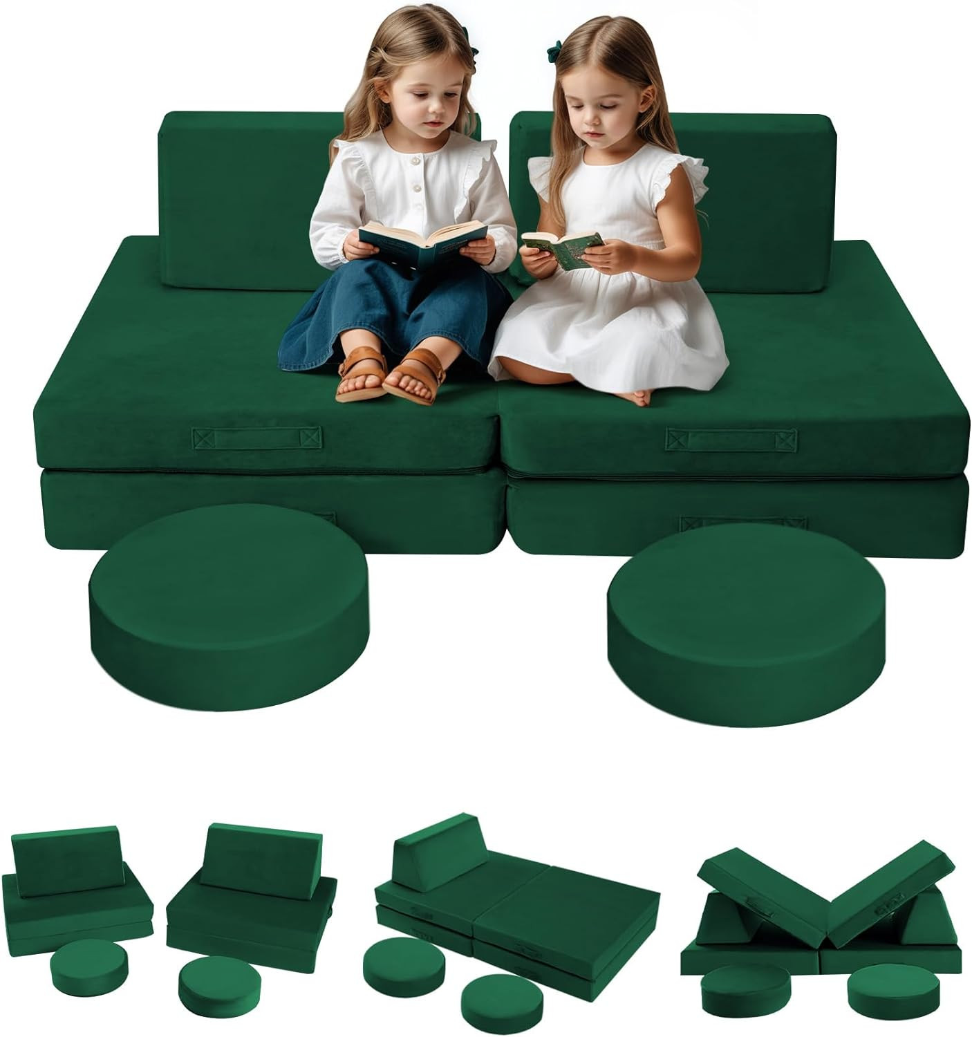 Convertible 8-Piece Kids Play Couch - Green Foam Toddler Sofa Set