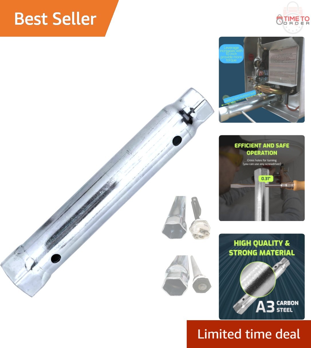 Water Heater Anode Rod & Element Socket Wrench Heavy Duty 10 In Dual Hex