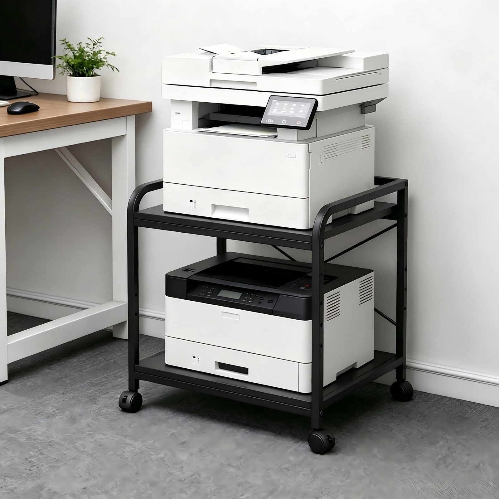 2 Tier Under Desk Printer Stand with Storage, 20" Deep Printer Table with Wheels
