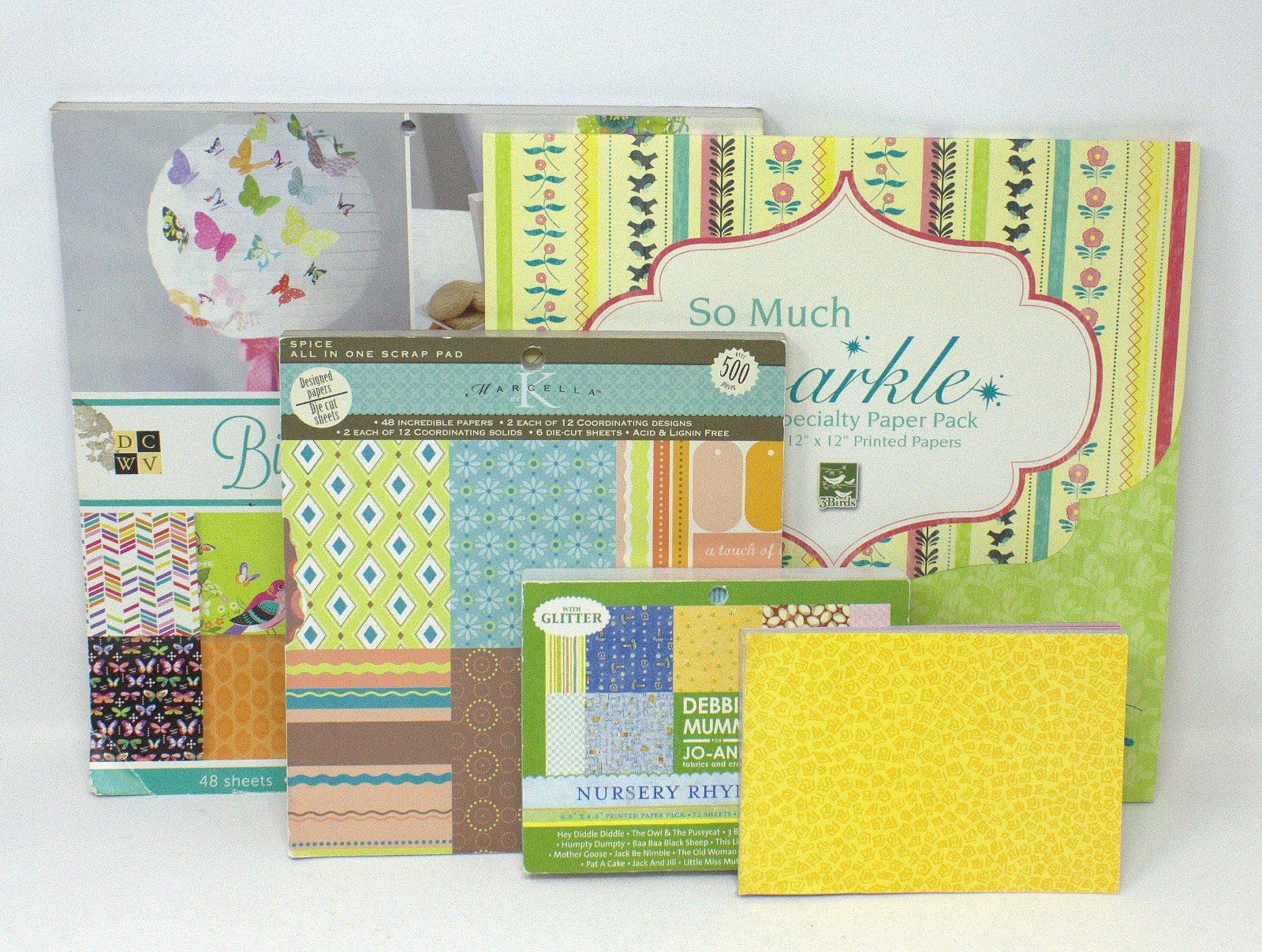 Lot of Five Scrapbook Paper Packs -DCWV, K&CO, 3Birds, Other -12 x 12, 4.5 x 6.5