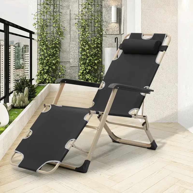 Outdoor Reclining Lounge Chair Black 4-Position Adjustable Back Garden