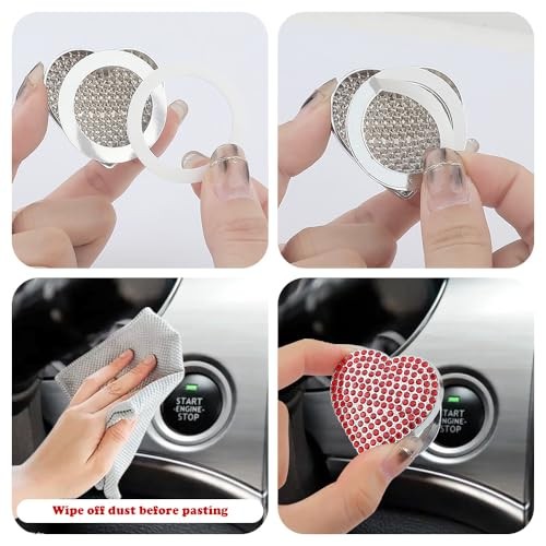 Bling Push Start Button Cover with Rhinestone,Heart Push to Start Button White