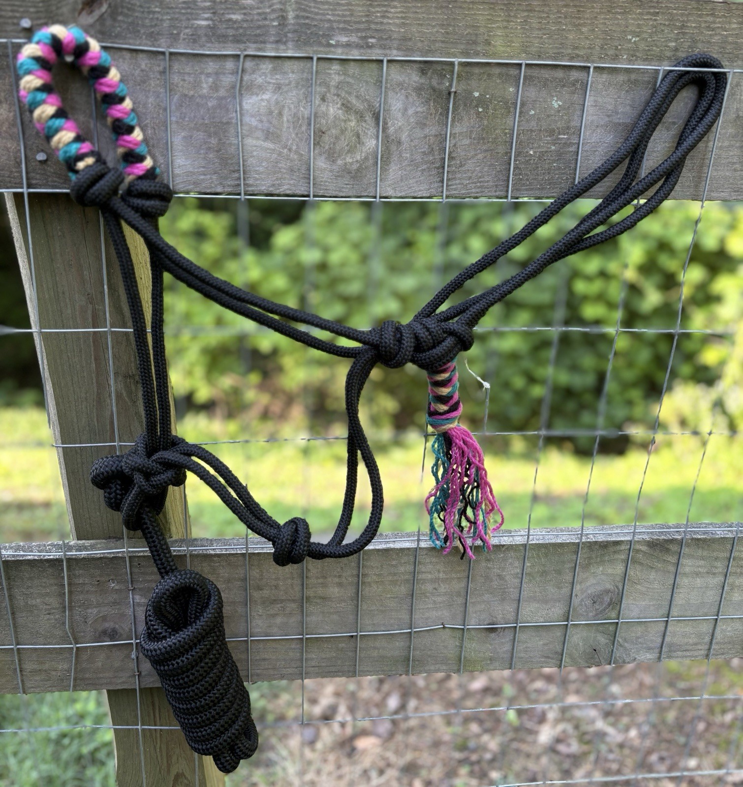 Horse Size Nylon Cowboy Rope Halter Teal And Pink MOHAIR Noseband With Lead Rope