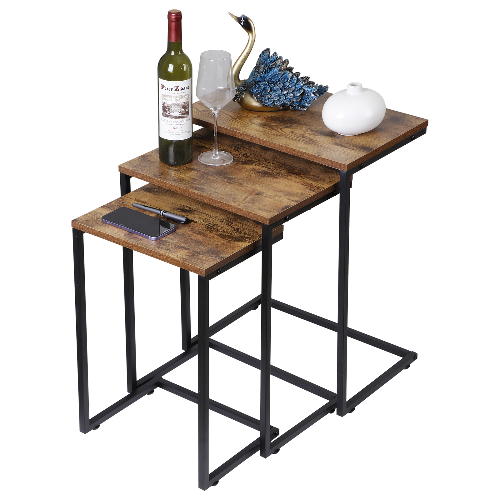 3PCS Modern Nesting Side/End Table Metal Wood Design - Sturdy Vintage Chestnut