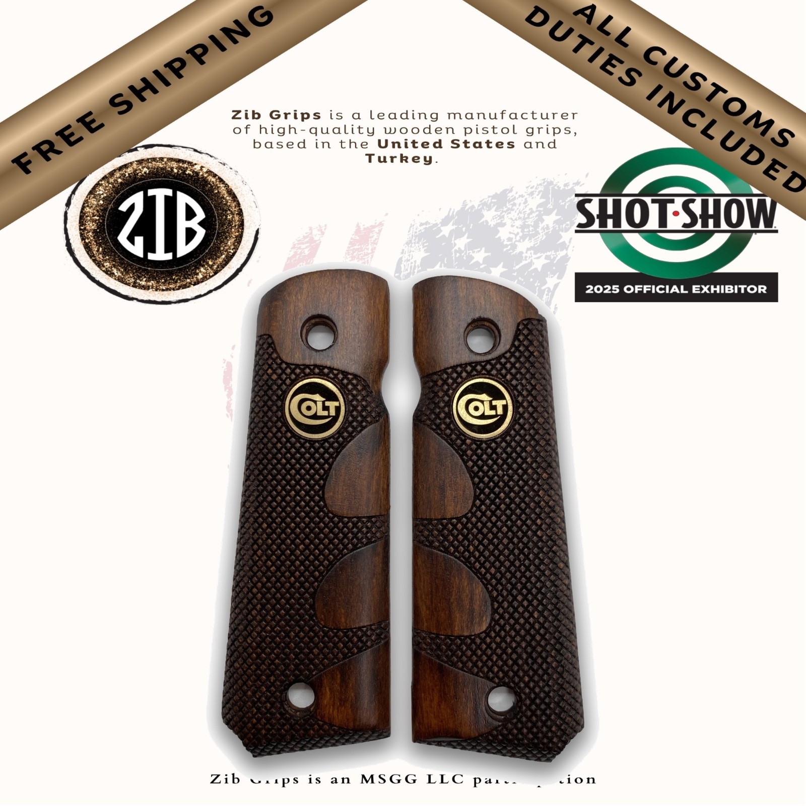 ZIB Grips Beech 1911 Grips with Brass Colt Medallions – Government / Commander