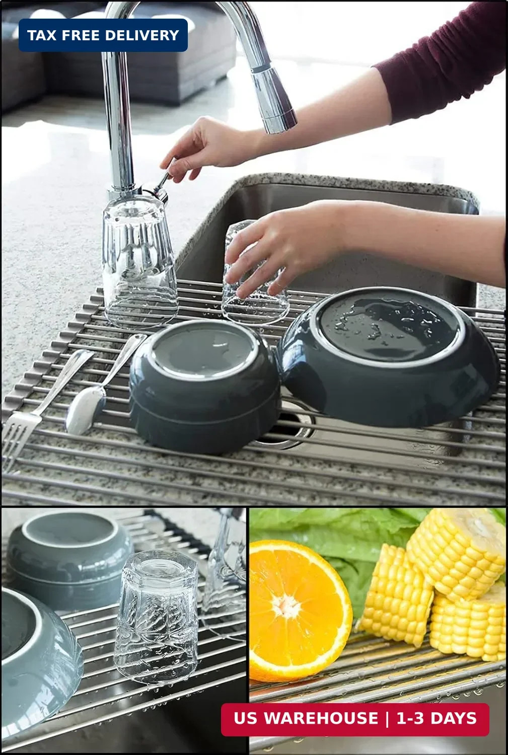 17.7" x 15.5" Roll Up Dish Drying Rack Over Sink Drying Rack Sink Cover Kitchen
