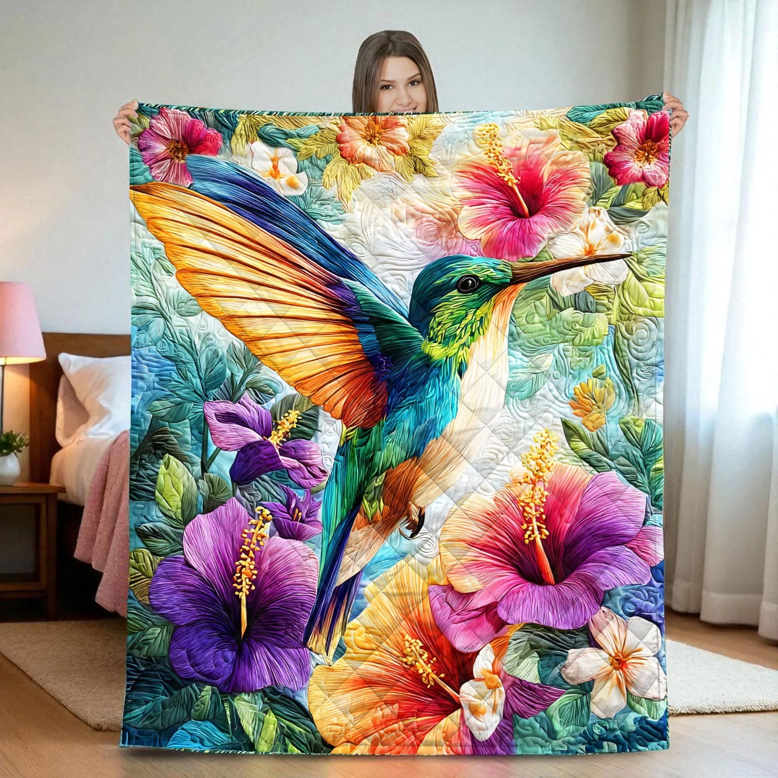 Hummingbird Hibiscus Quilt Blanket Bedding Throw Tropical Floral Bird Lover Gift