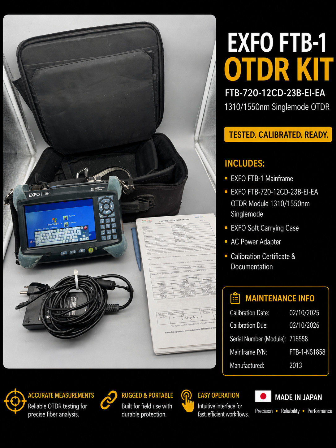 EXFO FTB-1 FTB-720-12CD-23B-EI-EA OTDR iOLM SM 1310/1550nm Cal 2/2025 Tested