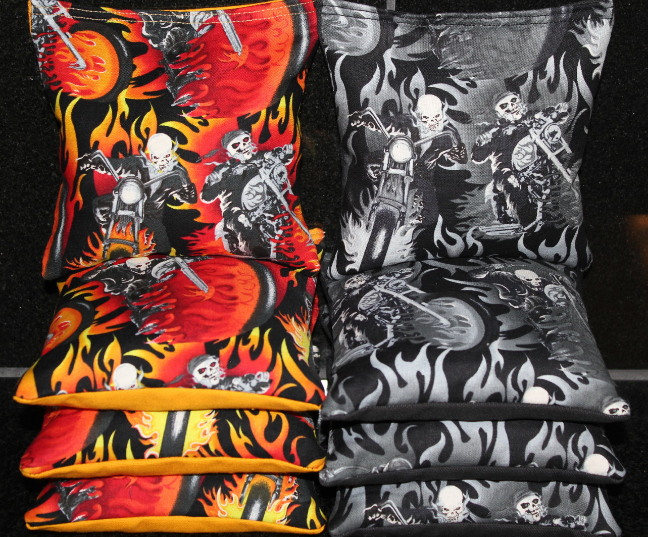 CORNHOLE BEAN BAGS HARLEY FLAMES MOTORCYCLE SKULLS SKELETON BIKER 8 ACA Bags NEW