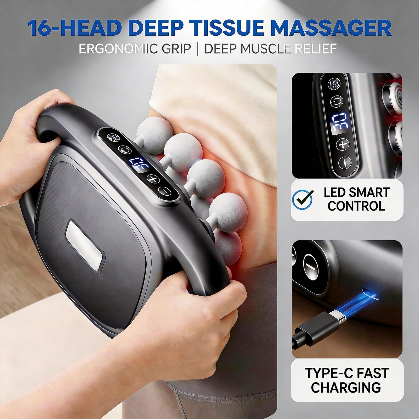 JHKELLDYY 16 Head Massage Gun Deep Tissue Percussion Massager 13.78'', Black