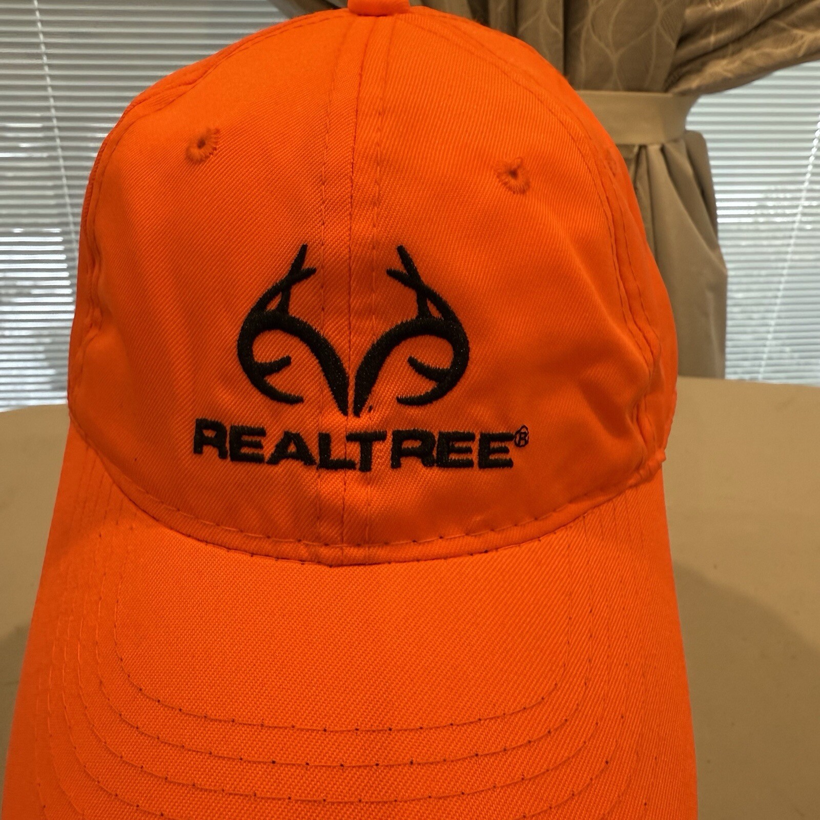 Real Tree Fluorescent Orange w Deer w Antlers in Black on Hat Cap Hook Loop EUC