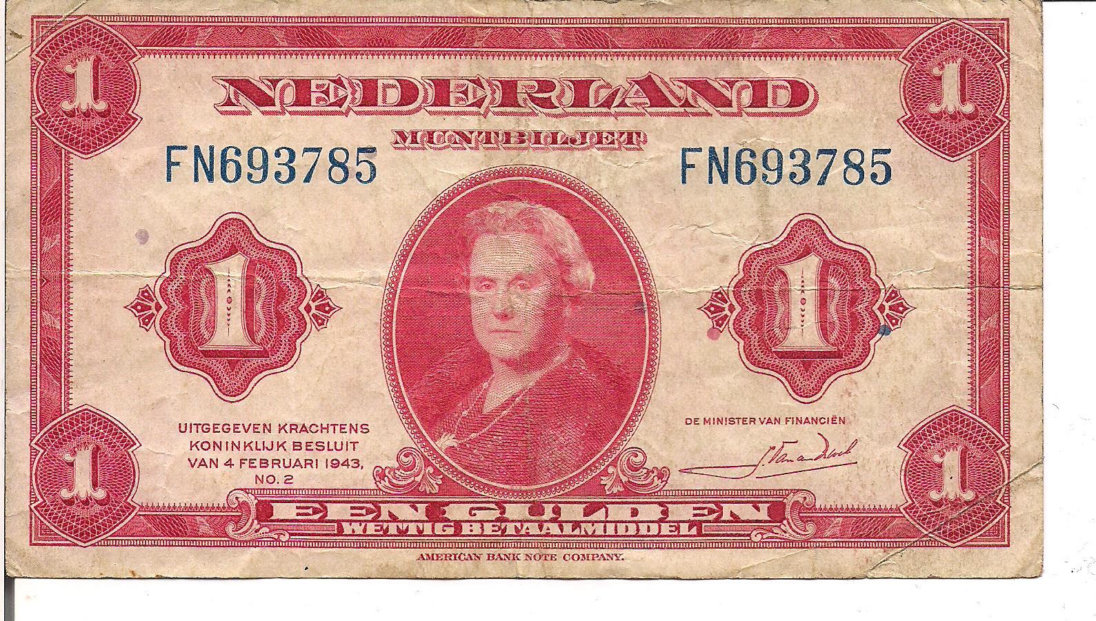 NETHERLANDS, 1 GULDEN, Qn. Wilhelmina @ ctr, 1943