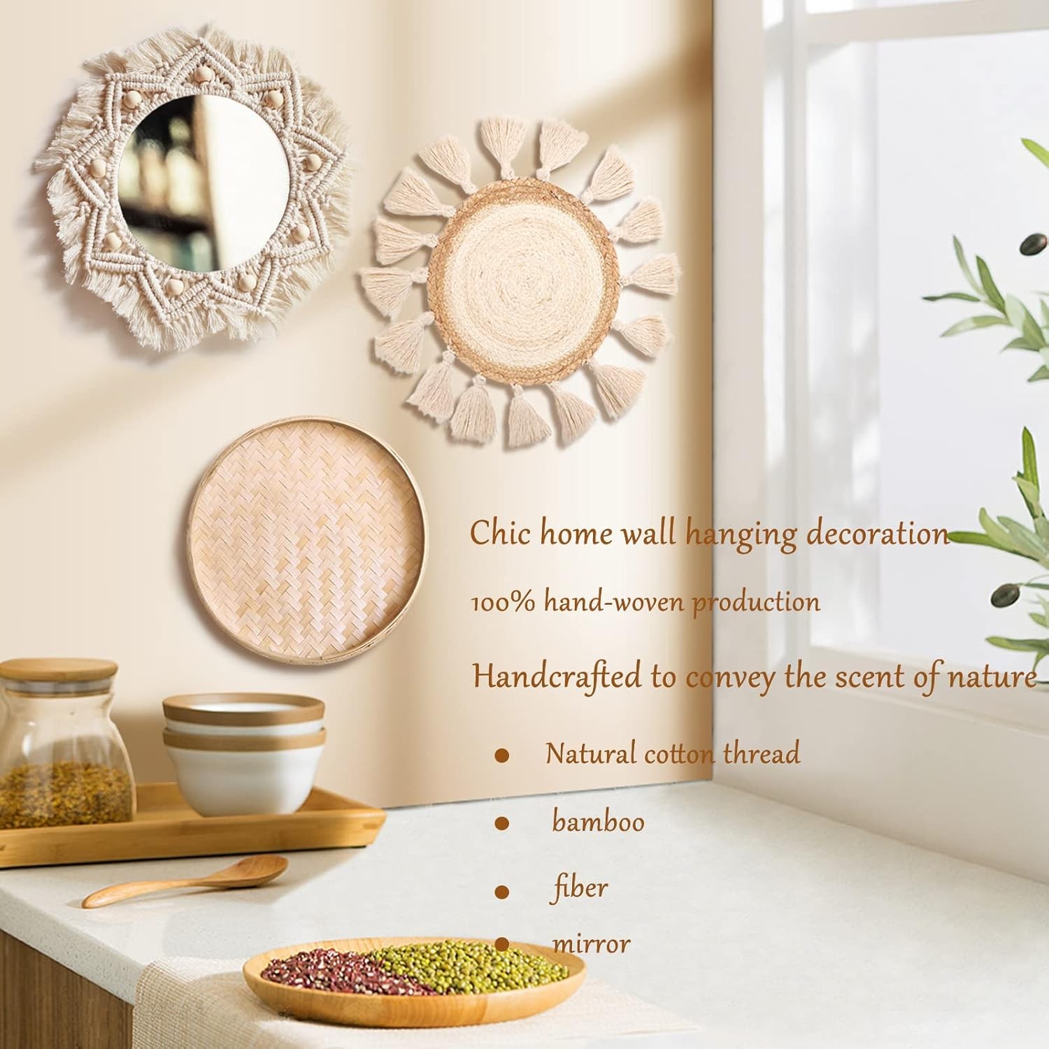 Boho Wall Basket Decor Set - Flat Woven Macrame Tapestry, Mirror White Round Tas