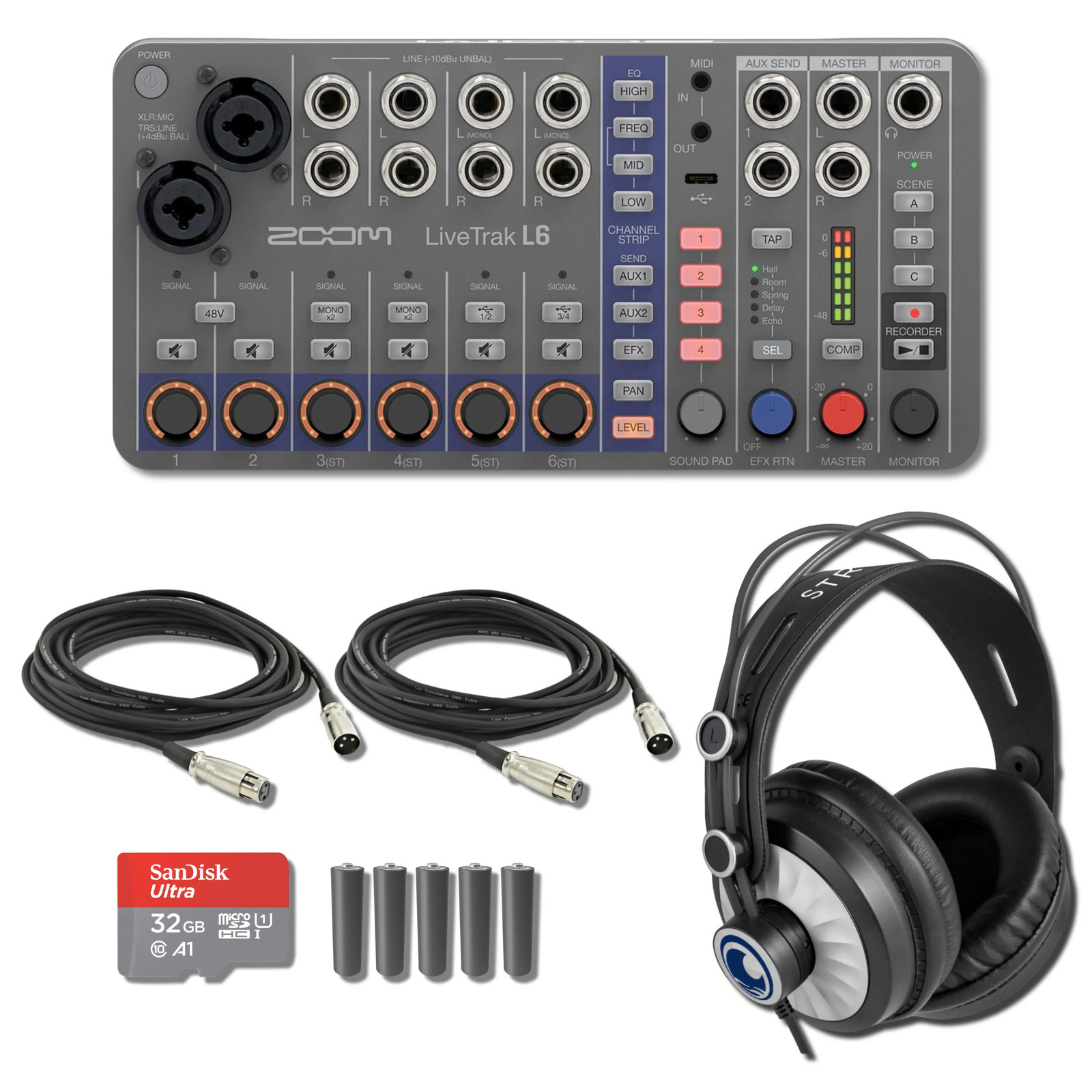 Zoom LiveTrak L6 with 2 XLR Cables, StreamEye Cans50, Polishing cloth, SD Card,
