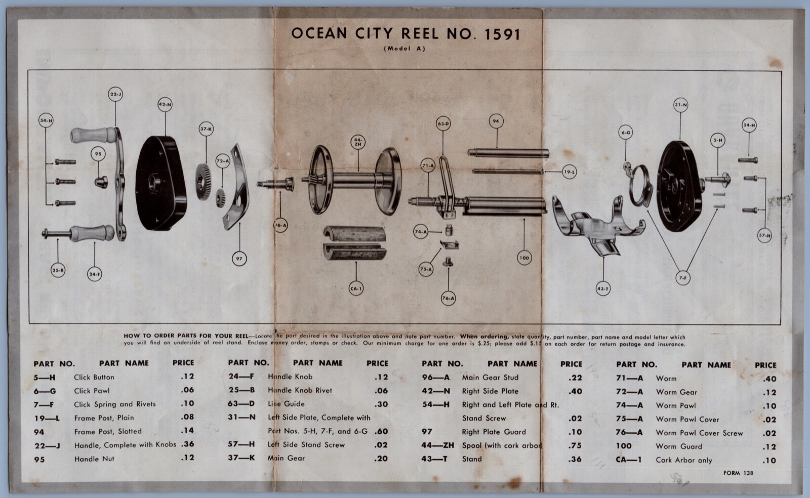 Ocean City Model # 1591 Fishing Reel Parts List Old Fishing Reel