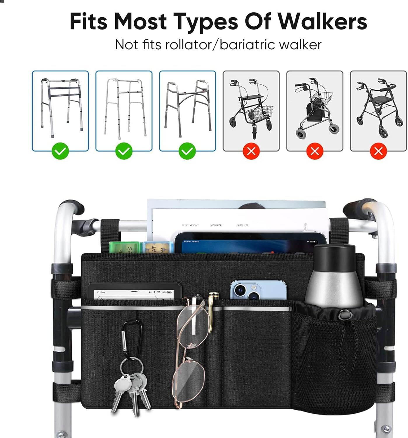 Large Walker Tote Bag Folding Walker Attachment Storage Basket Mobility Aid Acce